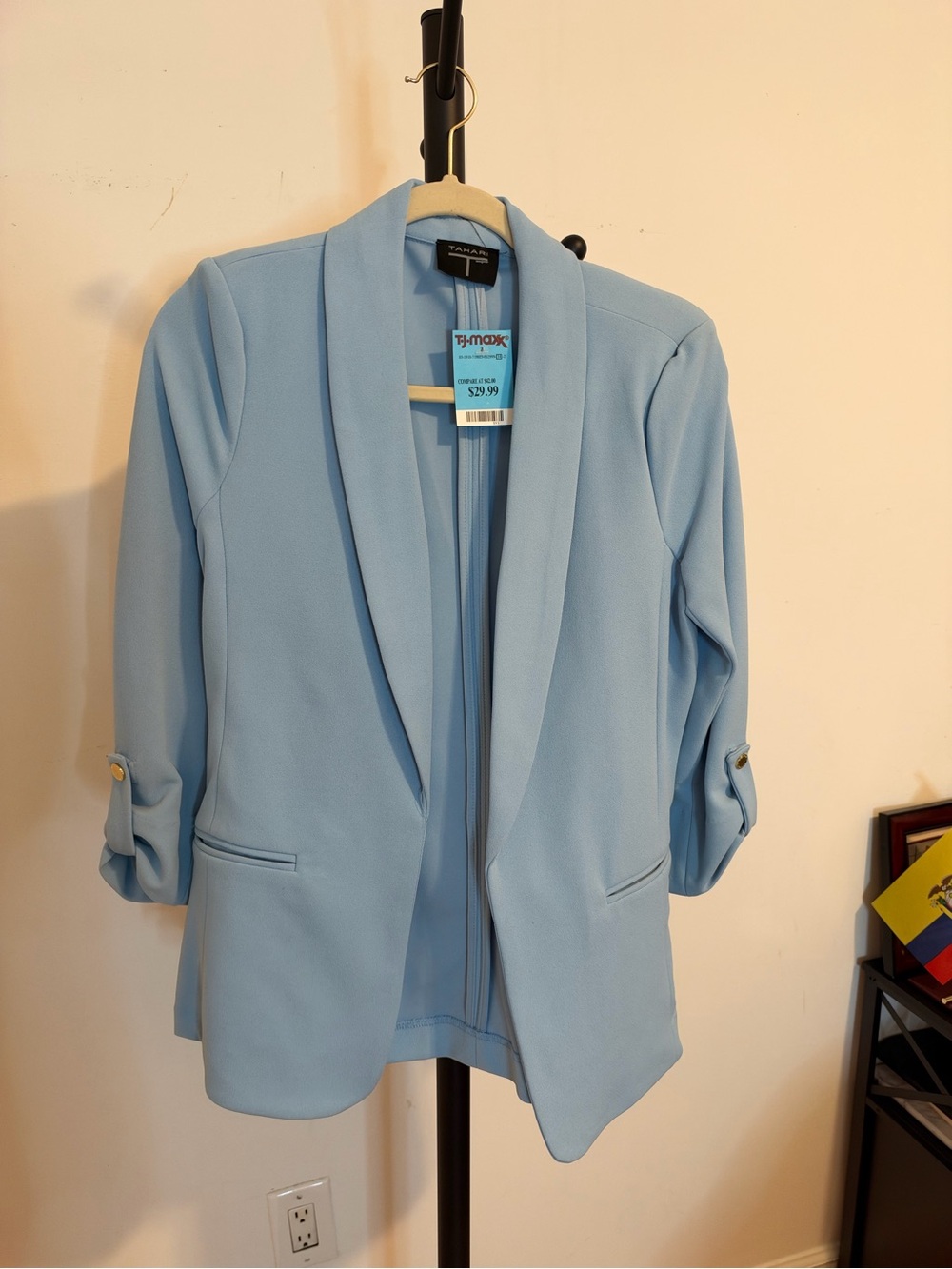 Tahari Pastel Blue Open-Front Blazer with Roll-Tab Sleeves